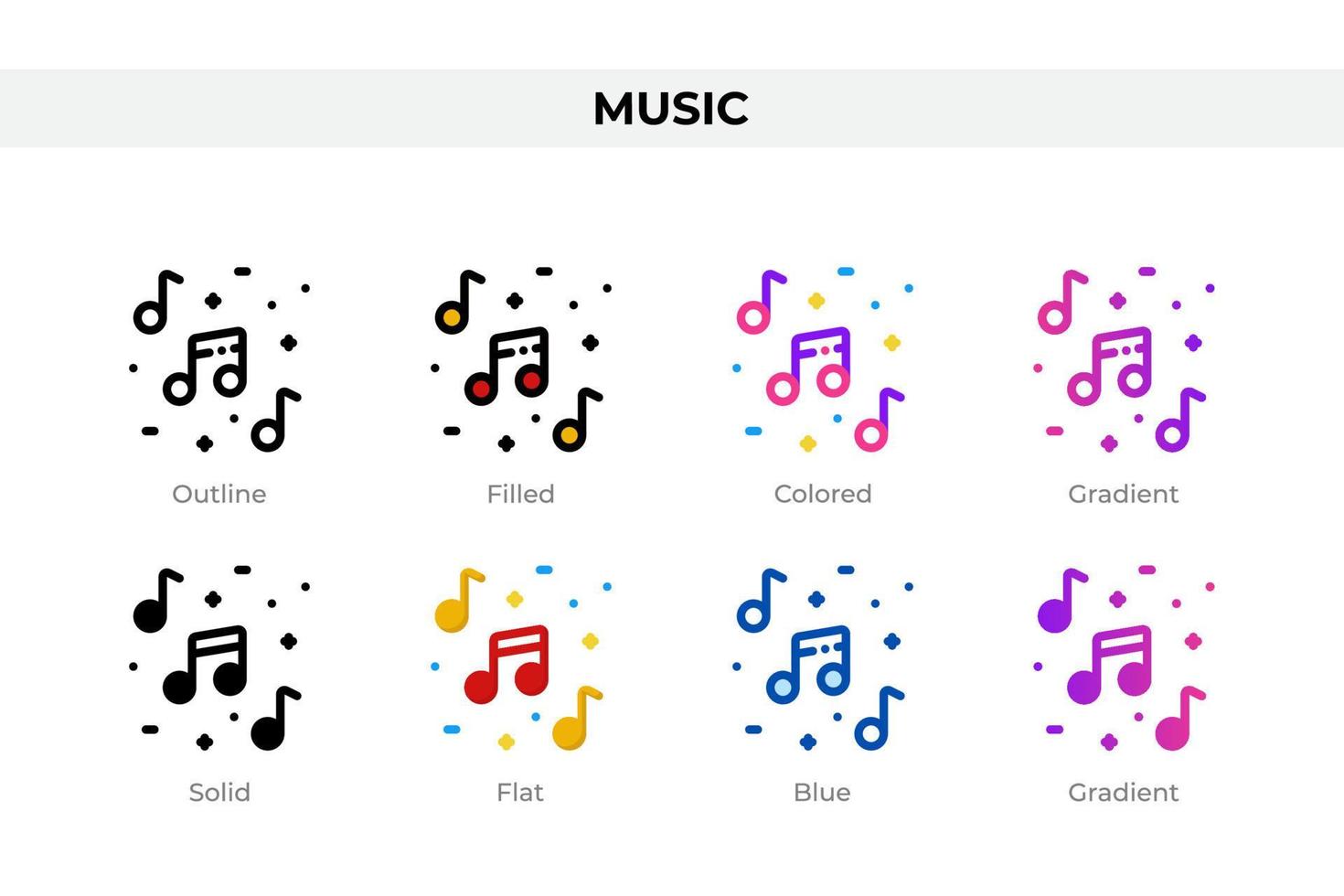 Music icons in different style. Music icons set. Holiday symbol. Different style icons set. Vector illustration