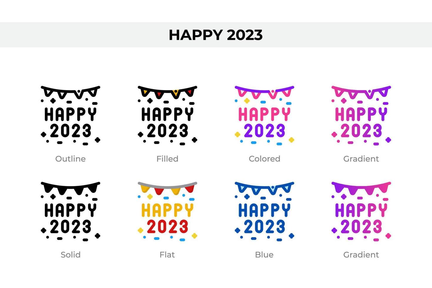 Happy 2023 icons in different style. Happy 2023 icons set. Holiday symbol. Different style icons set. Vector illustration
