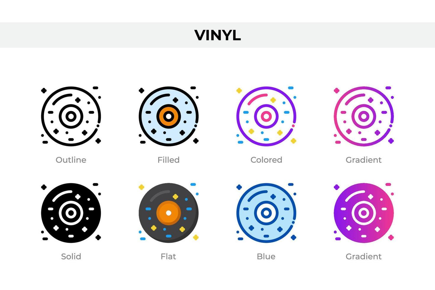 Vinyl icons in different style. Vinyl icons set. Holiday symbol. Different style icons set. Vector illustration