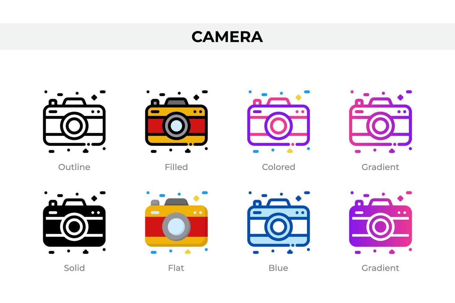 Camera icons in different style. Camera icons set. Holiday symbol. Different style icons set. Vector illustration