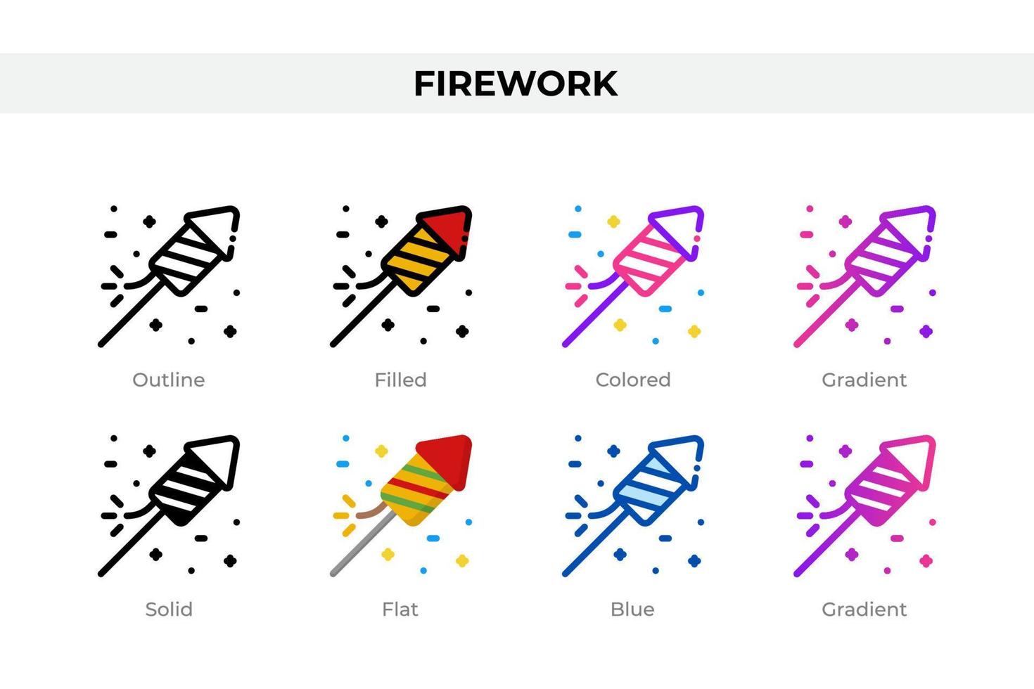 Firework icons in different style. Firework icons set. Holiday symbol. Different style icons set. Vector illustration