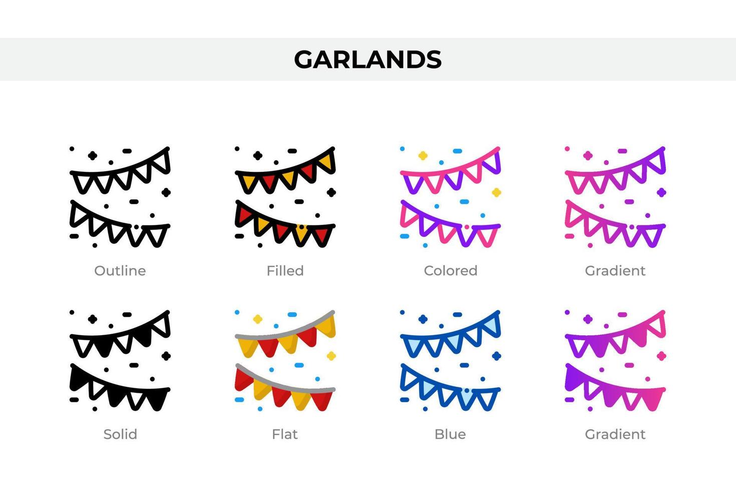 Garlands icons in different style. Garlands icons set. Holiday symbol. Different style icons set. Vector illustration