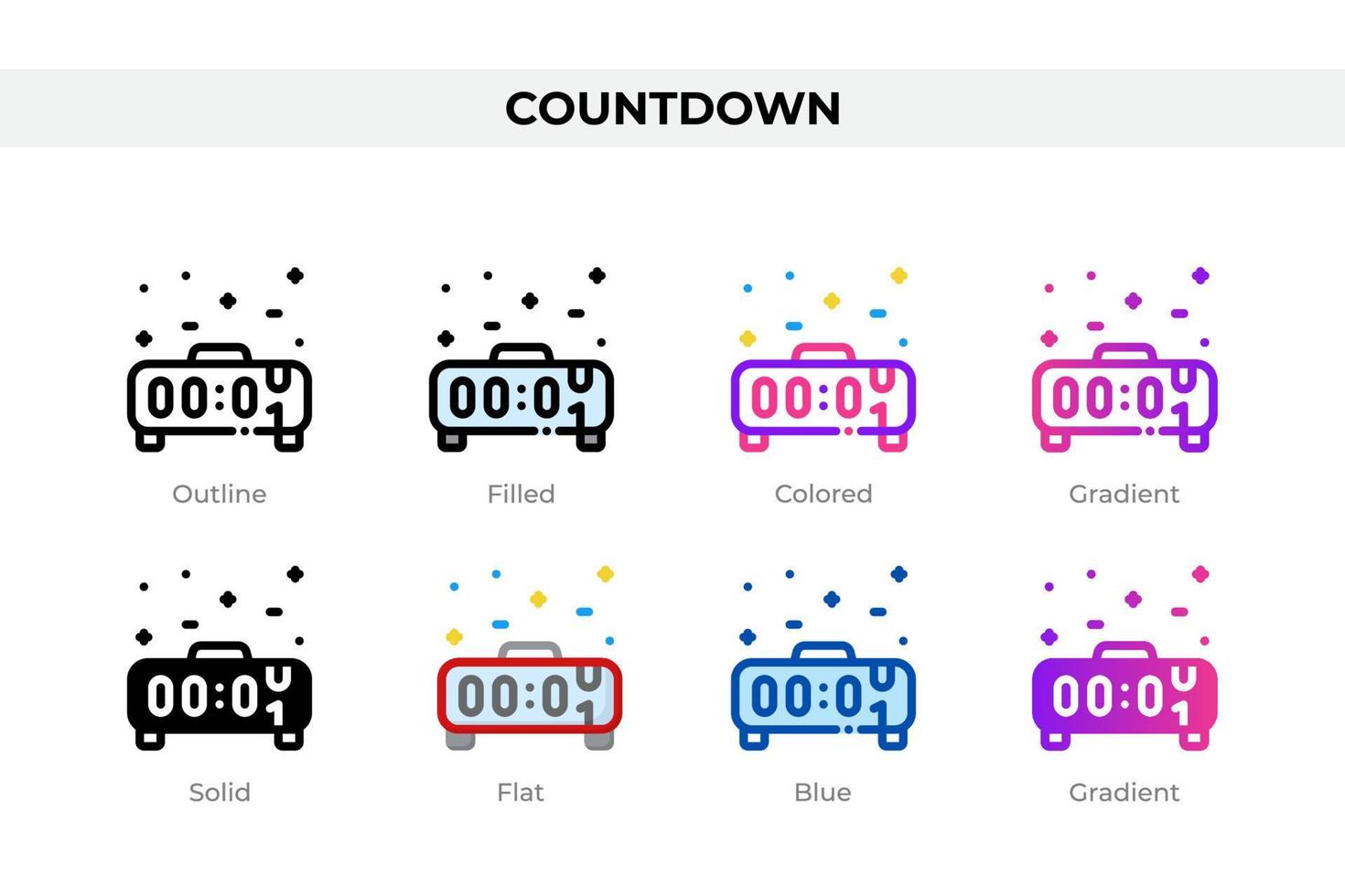 Countdown icons in different style. Countdown icons set. Holiday symbol. Different style icons set. Vector illustration