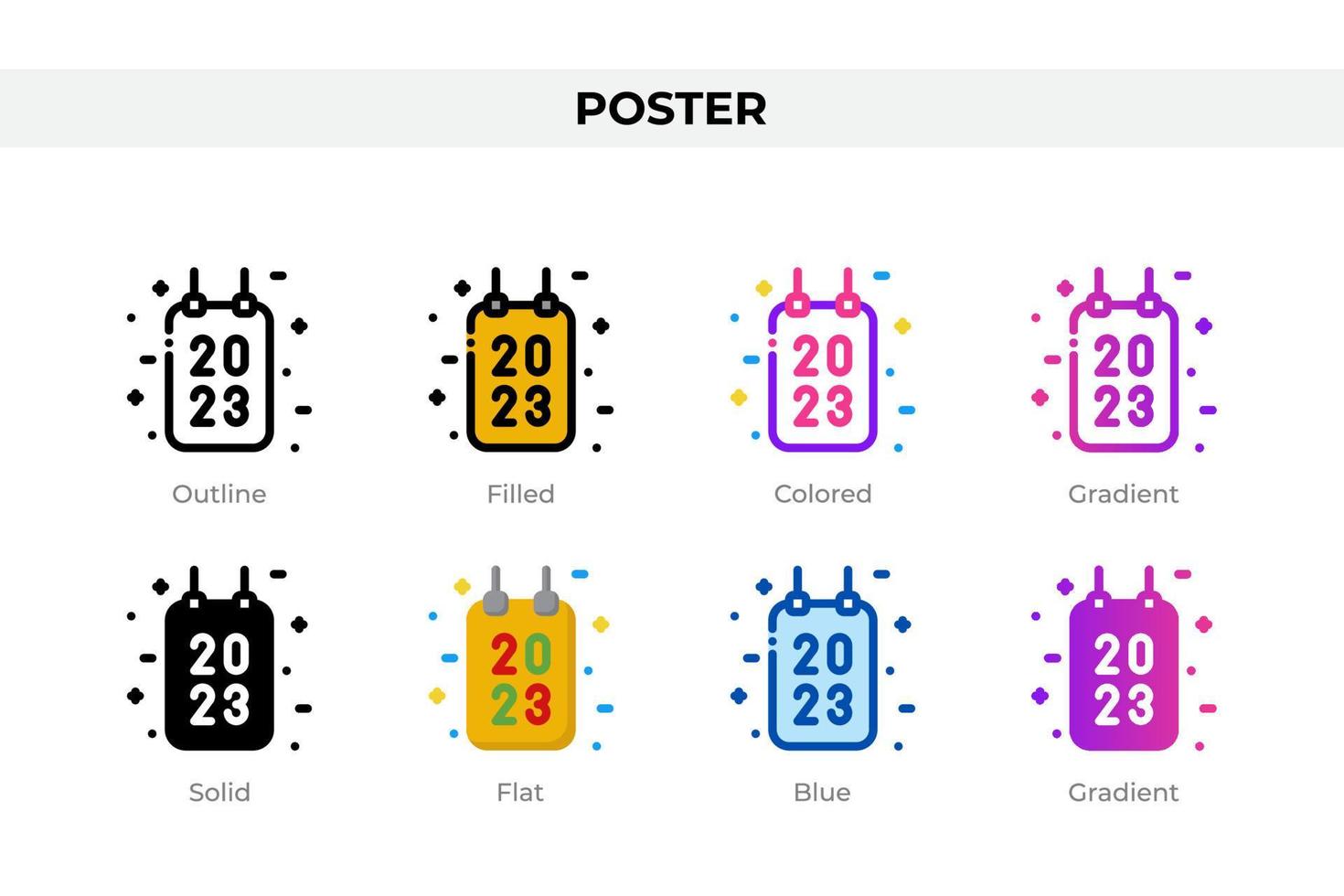 Poster icons in different style. Poster icons set. Holiday symbol. Different style icons set. Vector illustration