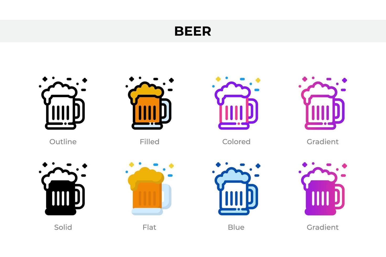 Beer icons in different style. Beer icons set. Holiday symbol. Different style icons set. Vector illustration
