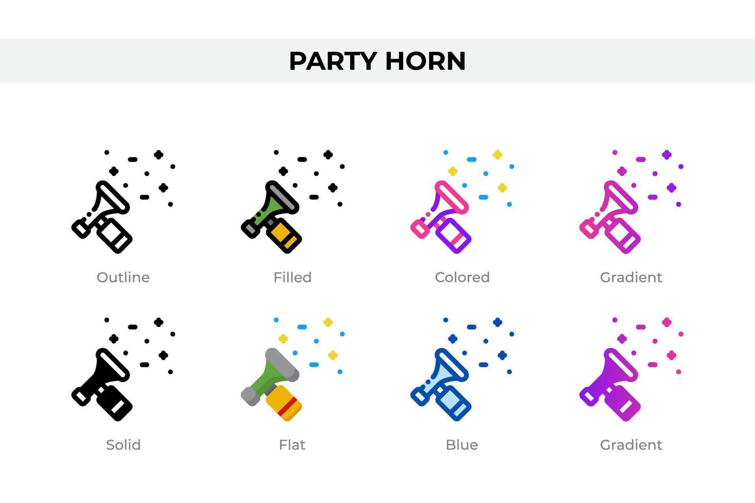 Party horn icons in different style. Party horn icons set. Holiday symbol. Different style icons set. Vector illustration