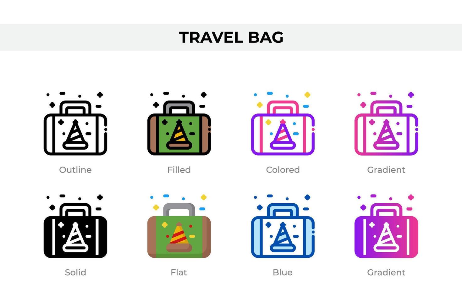 Travel bag icons in different style. Travel bag icons set. Holiday symbol. Different style icons set. Vector illustration