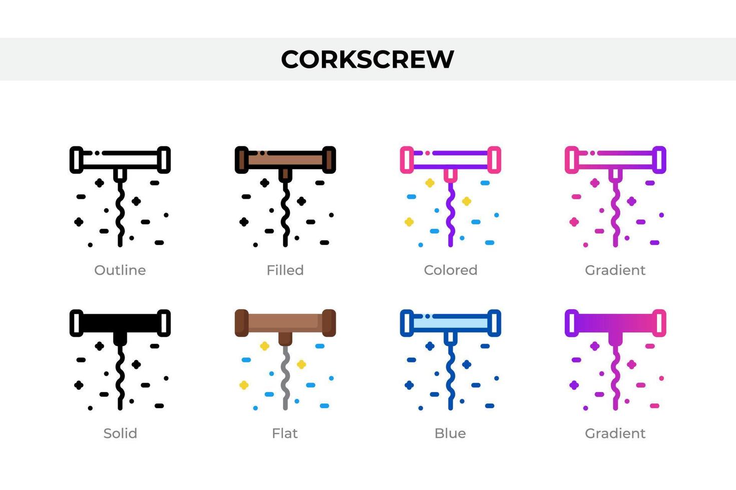 Corkscrew icons in different style. Corkscrew icons set. Holiday symbol. Different style icons set. Vector illustration