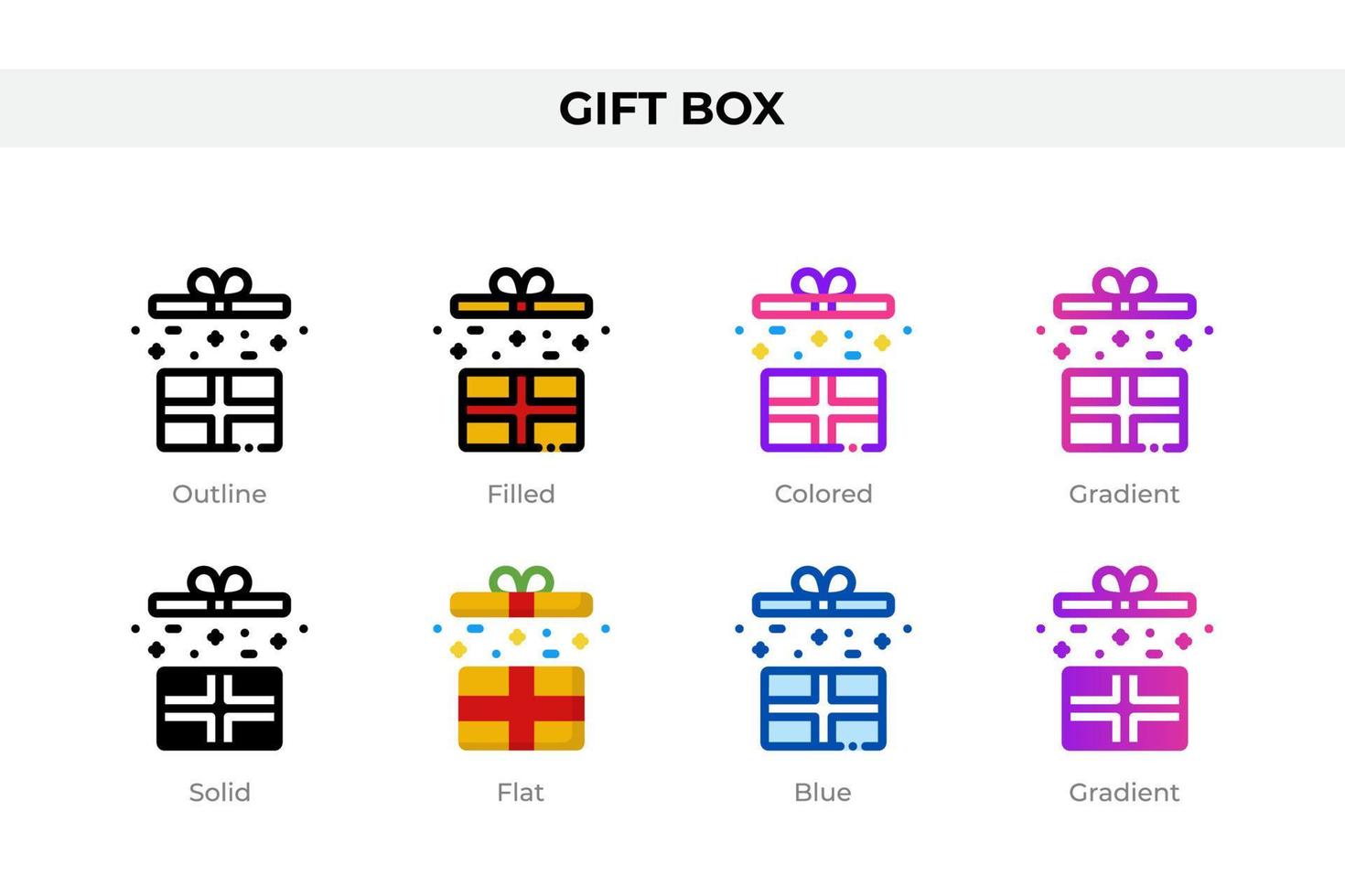 Gift box icons in different style. Gift box icons set. Holiday symbol. Different style icons set. Vector illustration