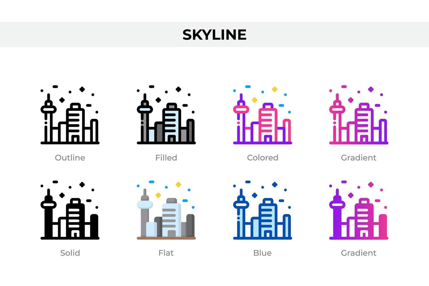 Skyline icons in different style. Skyline icons set. Holiday symbol. Different style icons set. Vector illustration