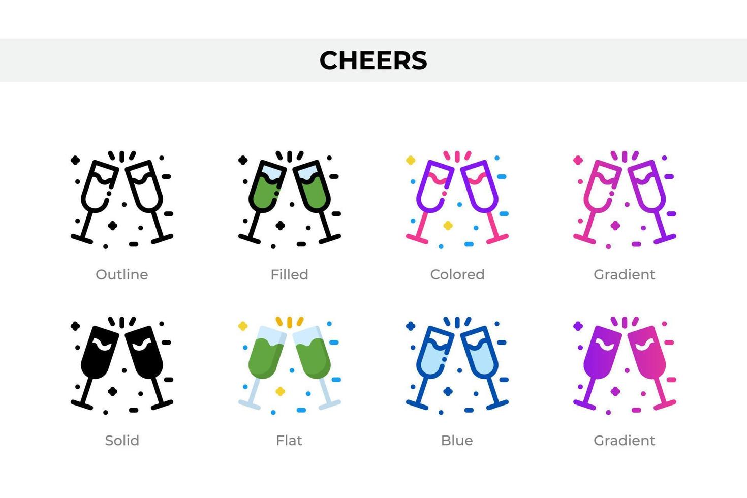 Cheers icons in different style. Cheers icons set. Holiday symbol. Different style icons set. Vector illustration