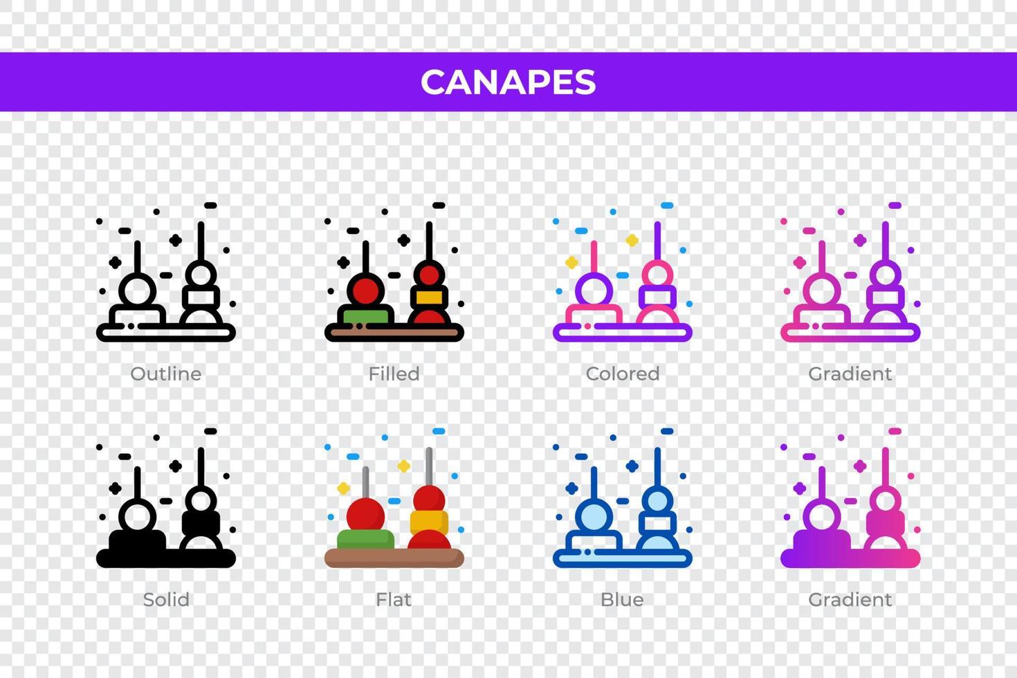 Canapes icons in different style. Canapes icons set. Holiday symbol. Different style icons set. Vector illustration