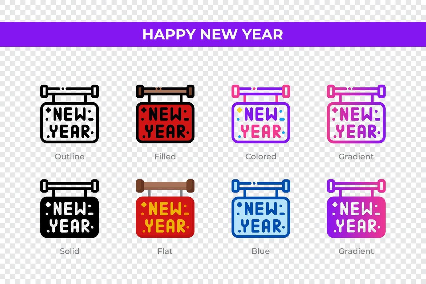 Happy new year icons in different style. Happy new year icons set. Holiday symbol. Different style icons set. Vector illustration