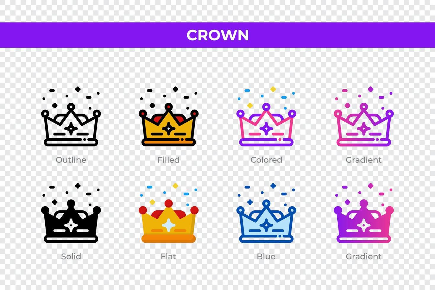 Crown icons in different style. Crown icons set. Holiday symbol. Different style icons set. Vector illustration