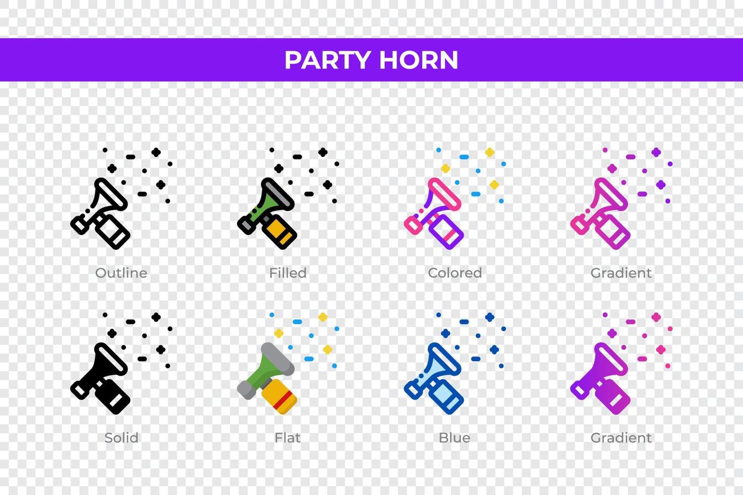 Party horn icons in different style. Party horn icons set. Holiday symbol. Different style icons set. Vector illustration