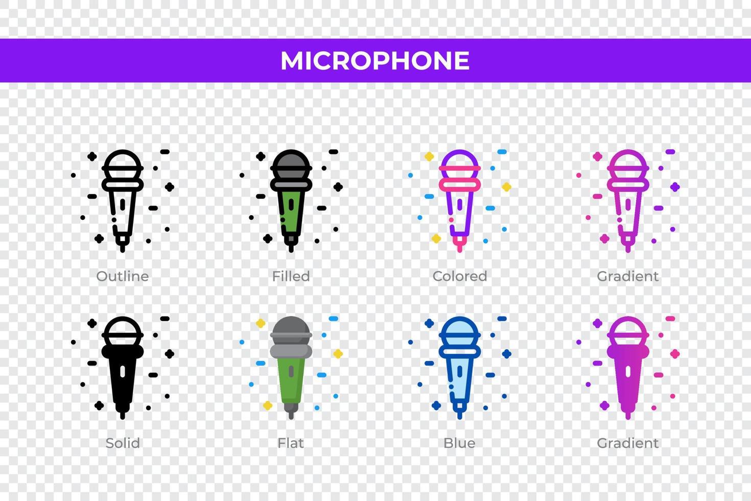 Microphone icons in different style. Microphone icons set. Holiday symbol. Different style icons set. Vector illustration