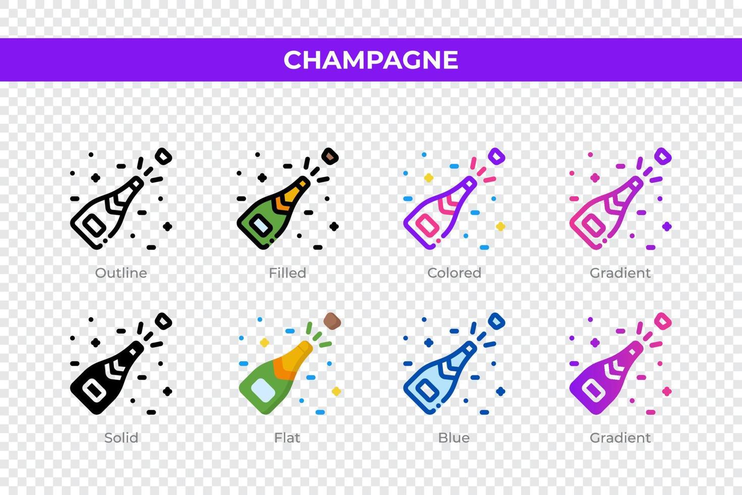 Champagne icons in different style. Champagne icons set. Holiday symbol. Different style icons set. Vector illustration