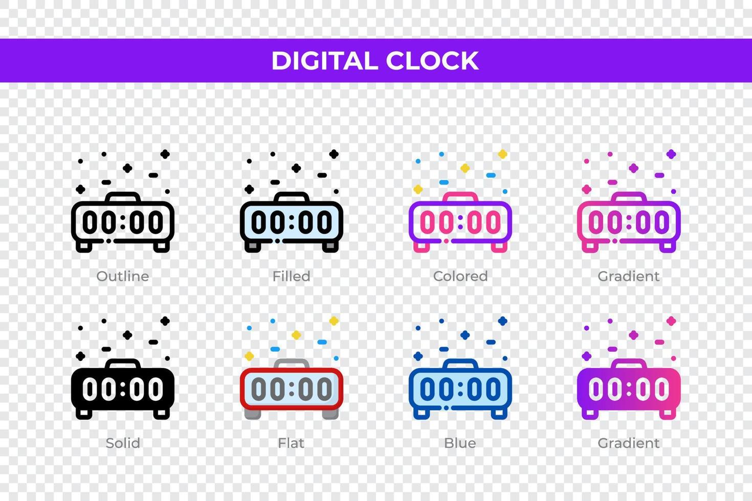 iconos de reloj digital en un estilo diferente. conjunto de iconos de reloj digital. símbolo de vacaciones. conjunto de iconos de estilo diferente. ilustración vectorial vector