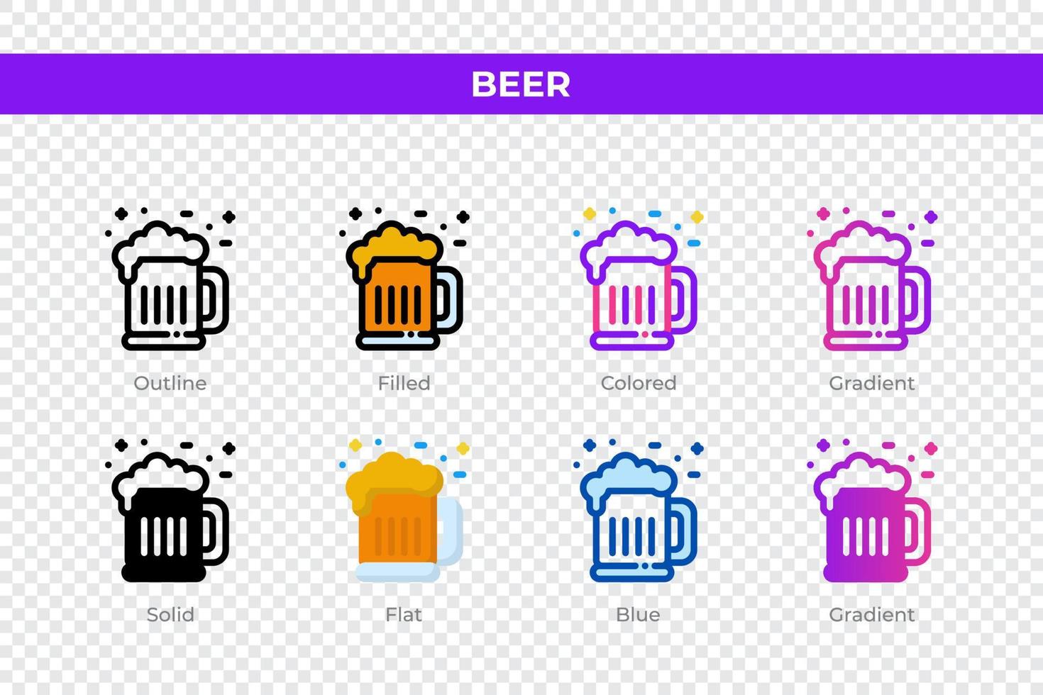 Beer icons in different style. Beer icons set. Holiday symbol. Different style icons set. Vector illustration