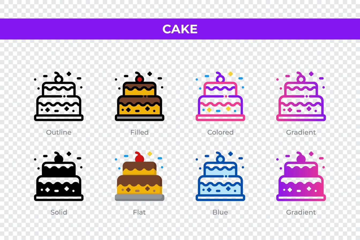 Cake icons in different style. Cake icons set. Holiday symbol. Different style icons set. Vector illustration