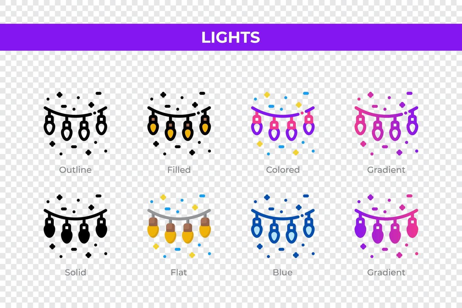 Lights icons in different style. Lights icons set. Holiday symbol. Different style icons set. Vector illustration