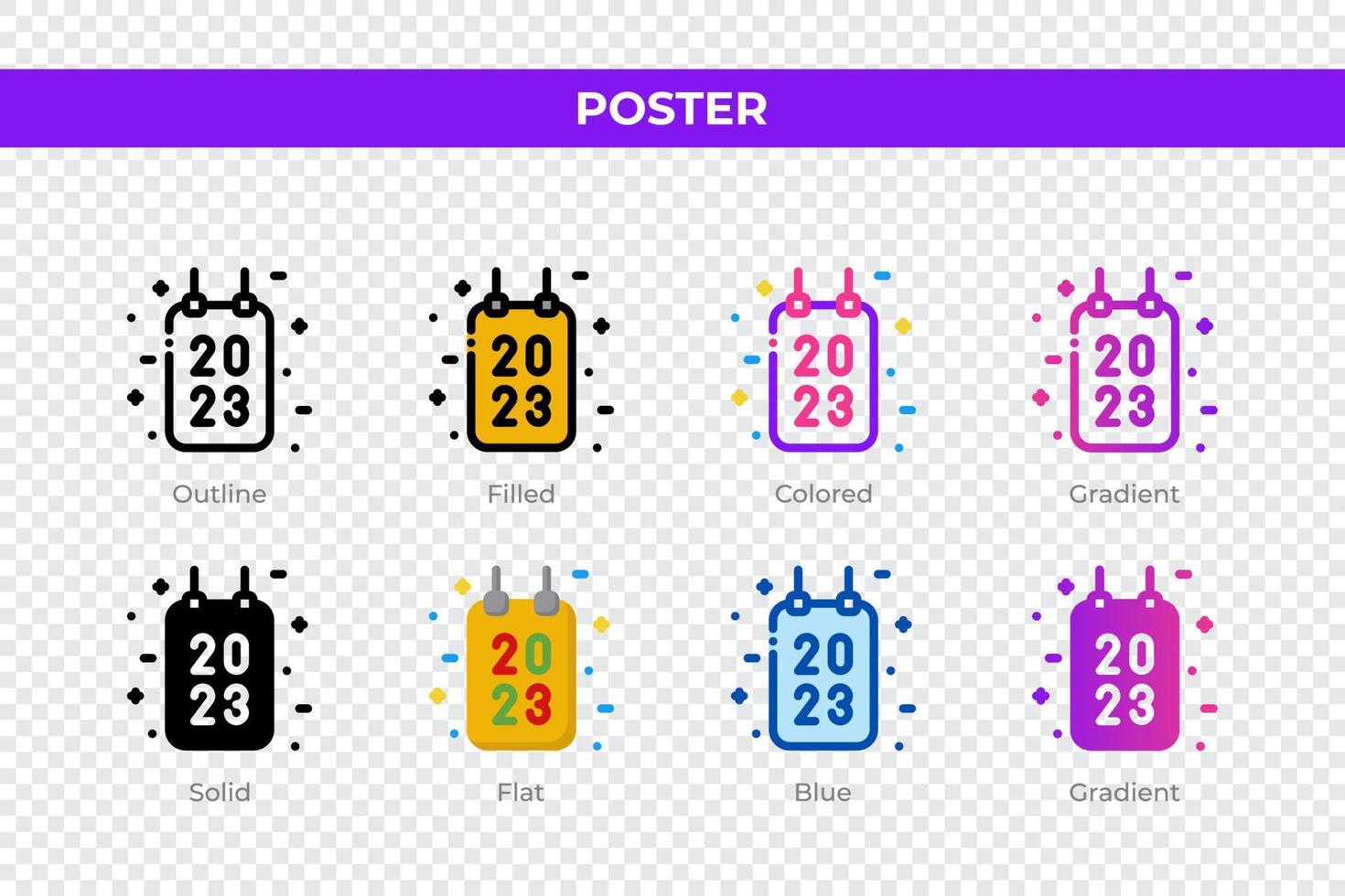 Poster icons in different style. Poster icons set. Holiday symbol. Different style icons set. Vector illustration