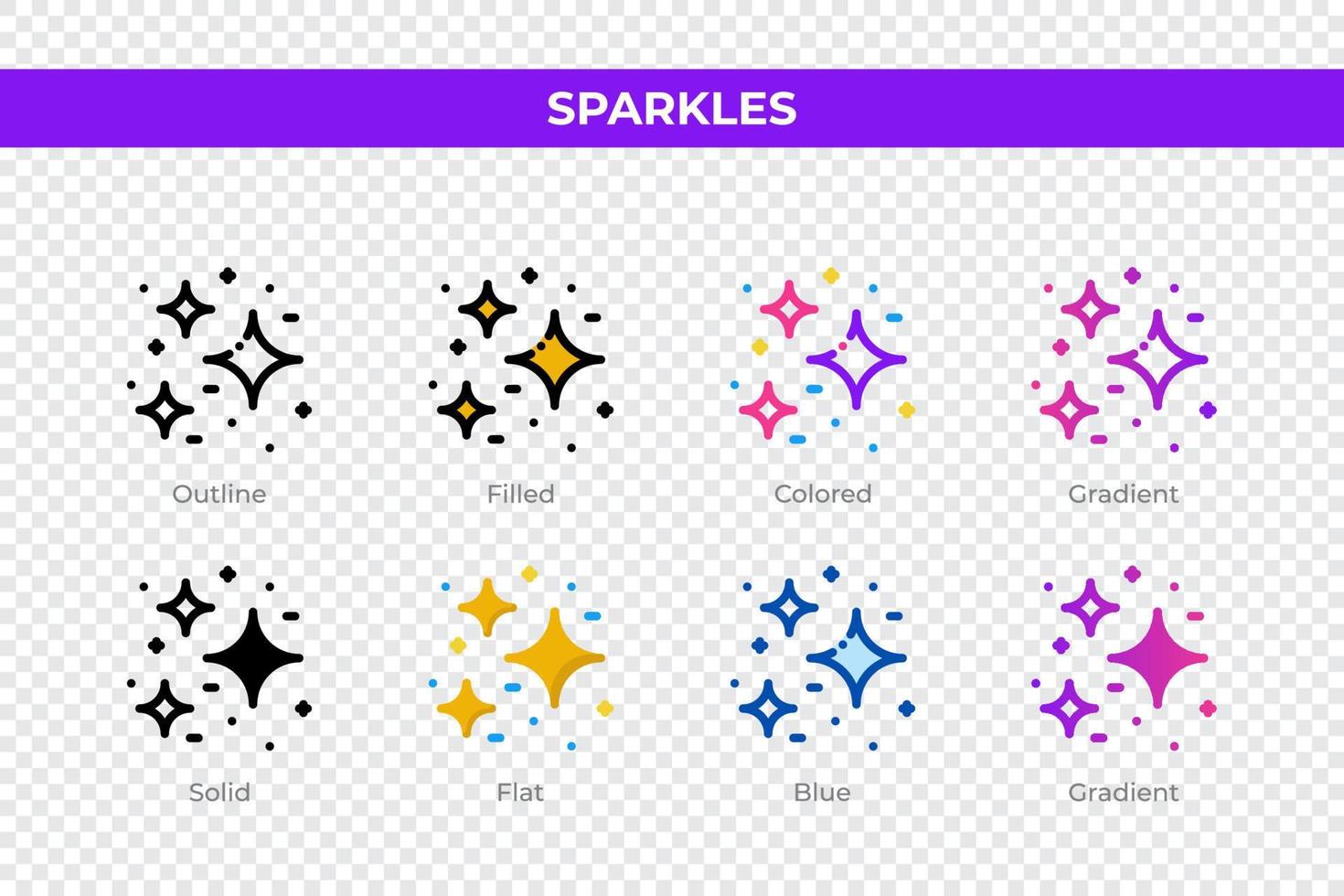 Sparkles icons in different style. Sparkles icons set. Holiday symbol. Different style icons set. Vector illustration