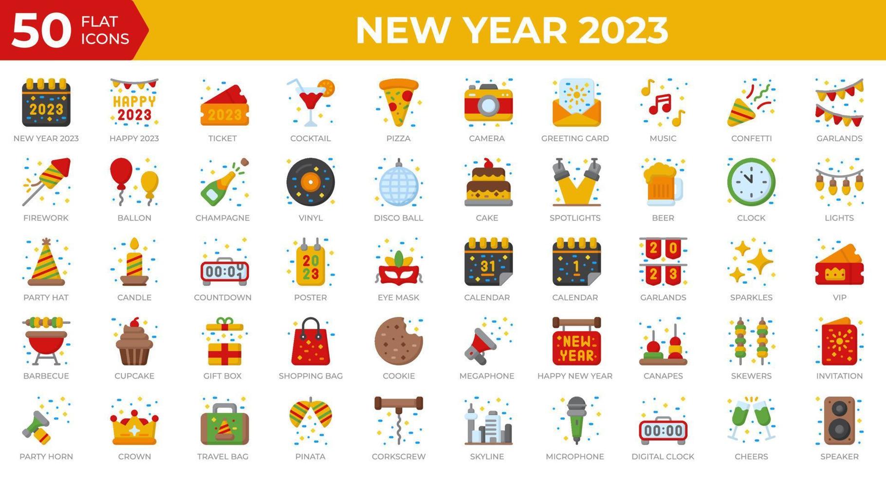 New year 2023 icons in flat style. Calendar, Confetti, Pizza. Flat icons collection. Holiday symbol. Vector illustration