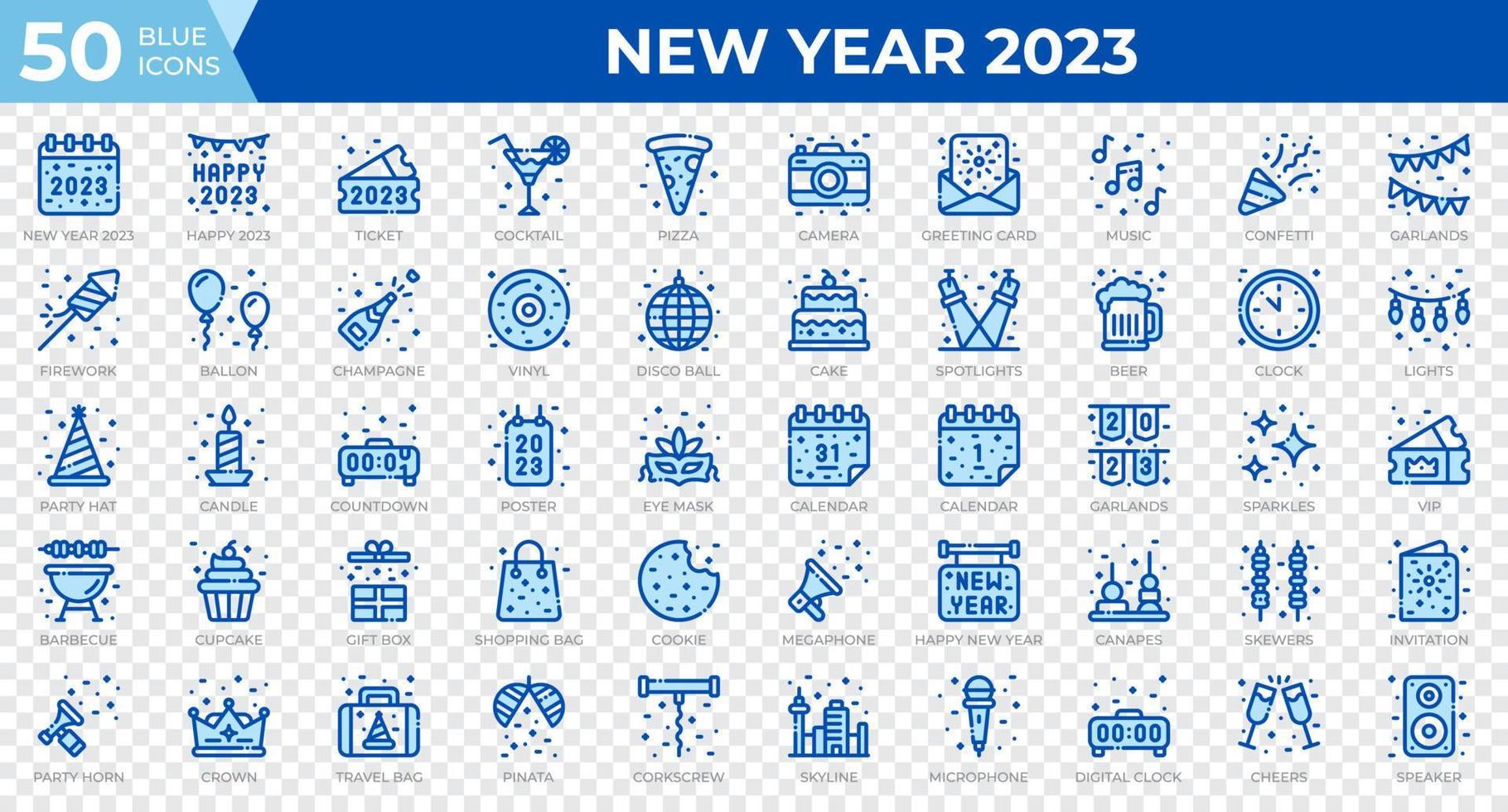 New year 2023 icons in blue style. Calendar, Confetti, Pizza. Line blue icons collection. Holiday symbol. Vector illustration