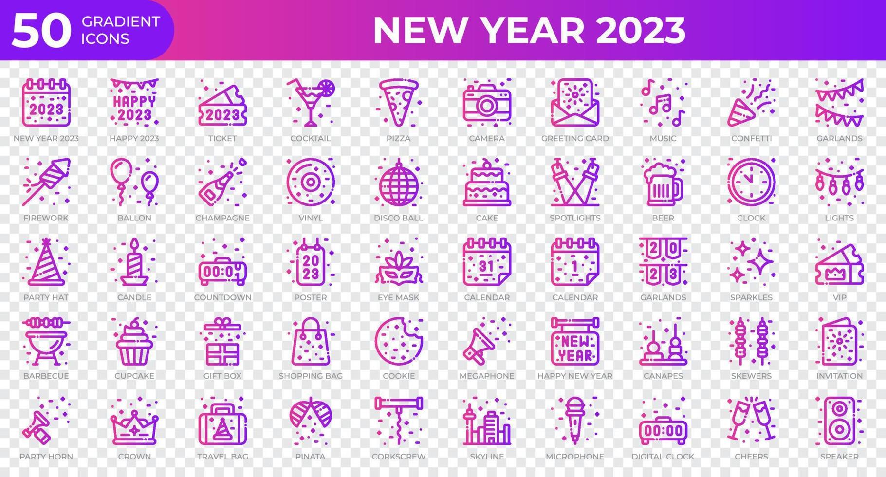 iconos de año nuevo 2023 en estilo degradado. calendario, confeti, pizza. colección de iconos de degradado. símbolo de vacaciones. ilustración vectorial vector