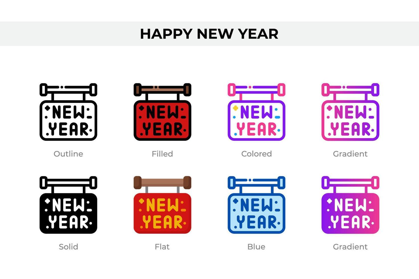 Happy new year icons in different style. Happy new year icons set. Holiday symbol. Different style icons set. Vector illustration