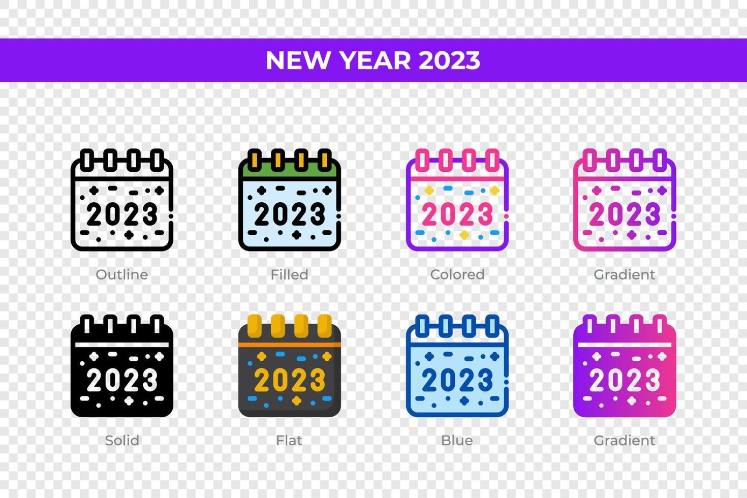 New Year 2023 icons in different style. New Year 2023 icons set. Holiday symbol. Different style icons set. Vector illustration