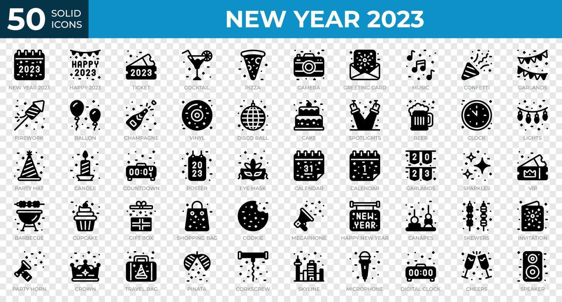 New year 2023 icons in solid style. Calendar, Confetti, Pizza. Solid icons collection. Holiday symbol. Vector illustration