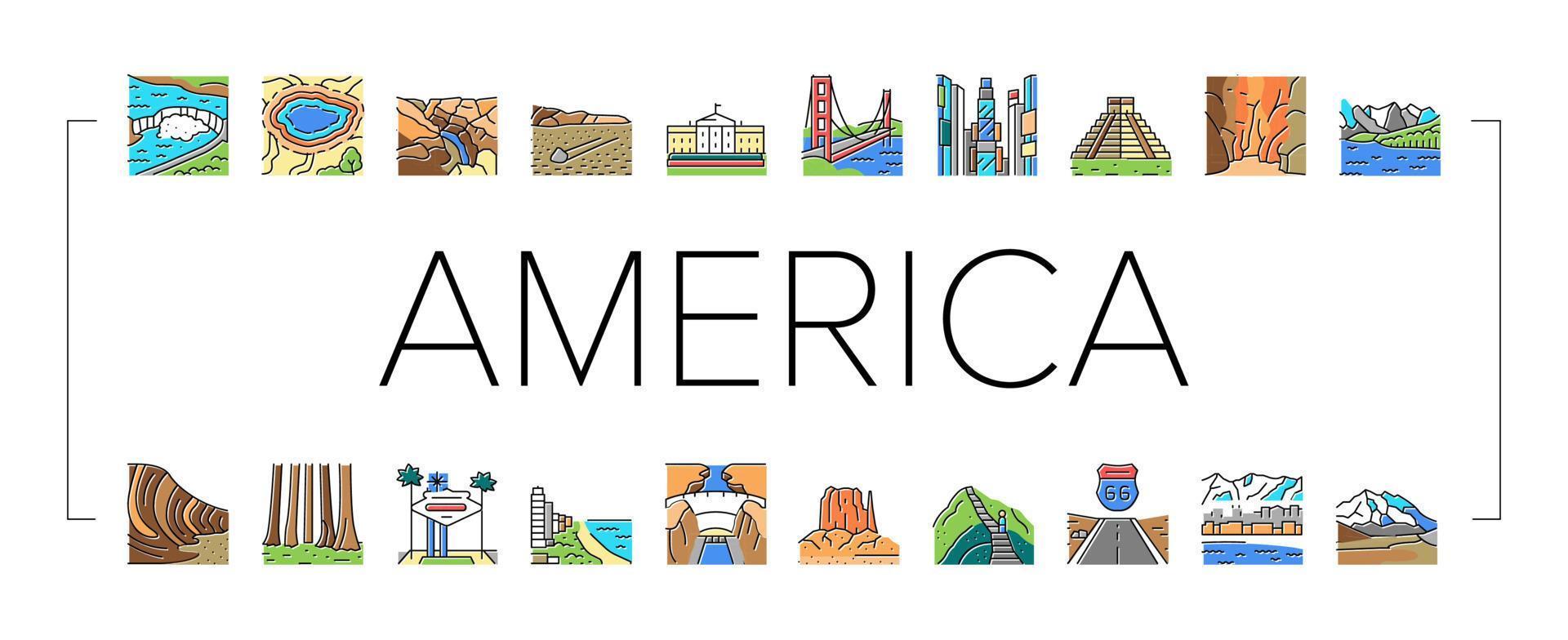 North America Famous Landscape Icons Set Vector