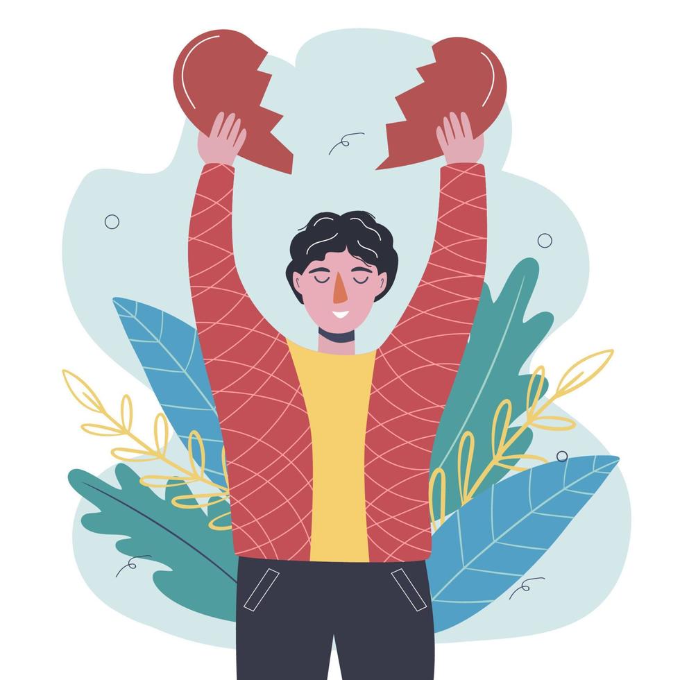 A young guy in love. Broken heart. Valentine's Day. Modern style. Hand drawing. Flat design. For use on postcards, valentines, website. vector