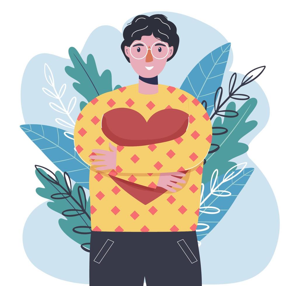 A young guy in love. Broken heart. Valentine's Day. Modern style. Hand drawing. Flat design. For use on postcards, valentines, website. vector