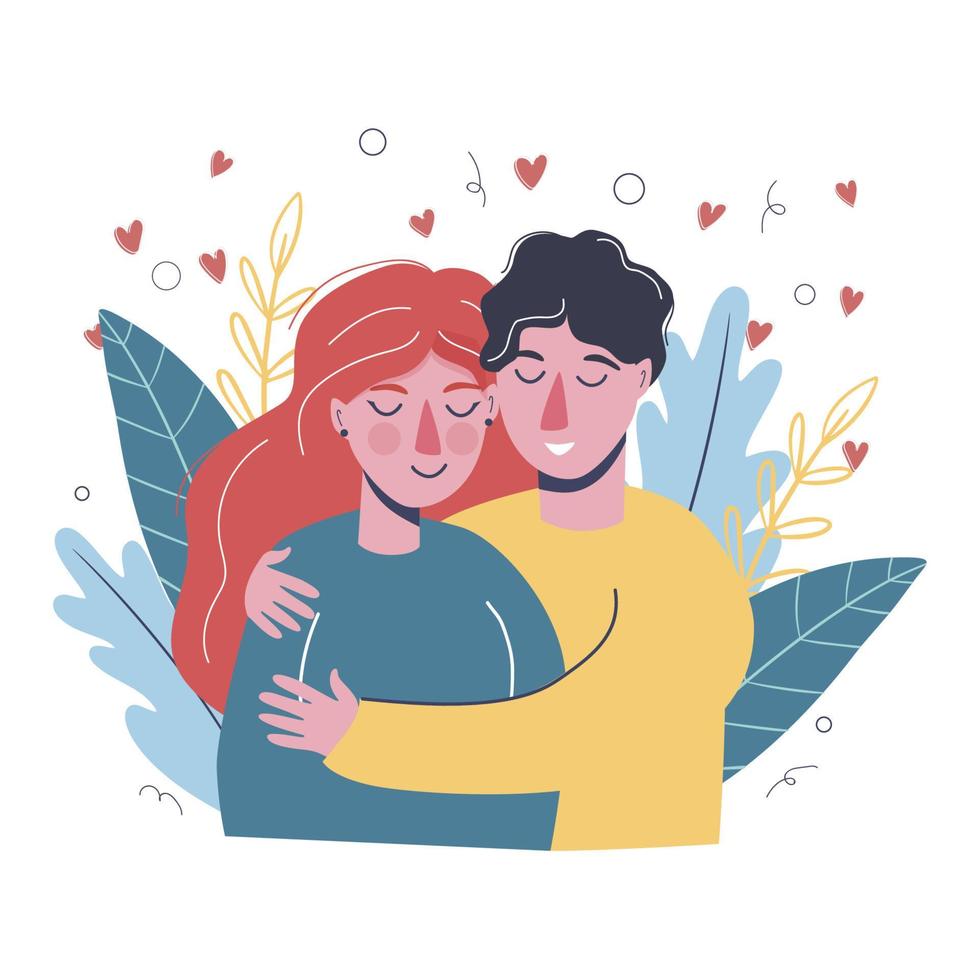 Valentine's Day. A loving young couple. They hug each other. Heart. Celebration of declaration of love. People in modern flat style. Hand drawing. vector
