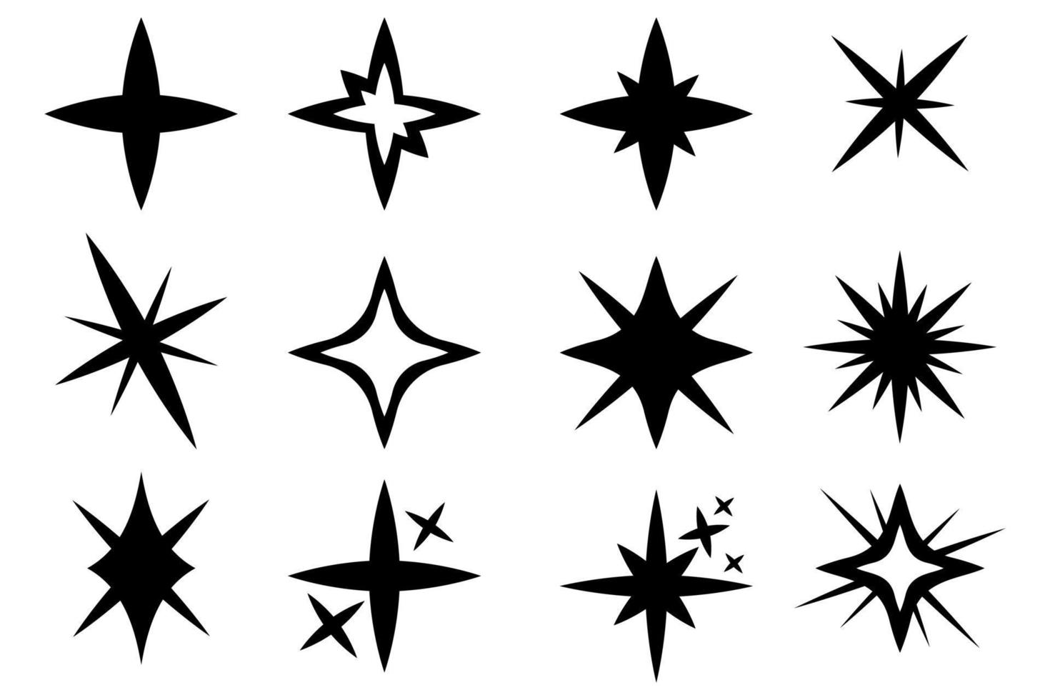 Flat collection. Christmas holiday pattern. Bright star. Vector set. Black line icon. Shine, glare, flare, flash illustration. Christmas light effect. Vector glow light effect. Bright sun.