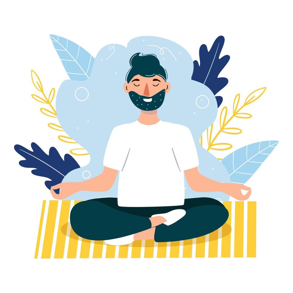 The man is meditating. Stay at home. Yoga. Sports activities. Vector illustration in a modern flat style.