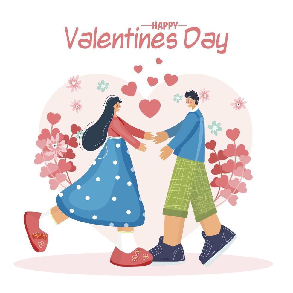 Día de San Valentín. una joven pareja amorosa. se abrazan. corazón. celebración de declaración de amor. personas en estilo plano moderno. Dibujo a mano. vector