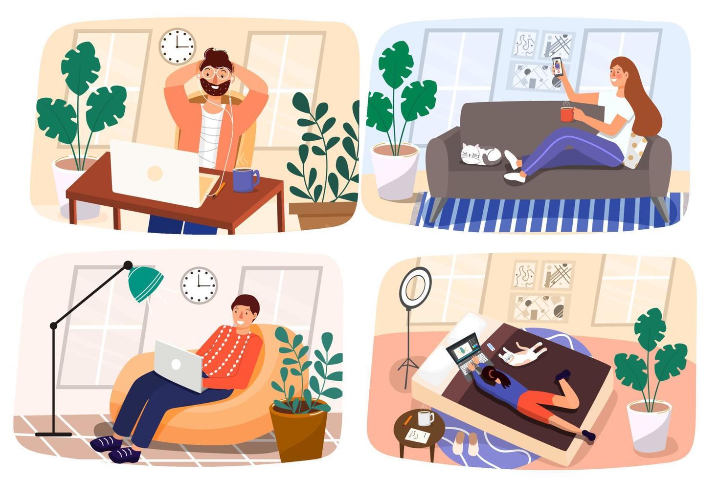Work at home. Staying at home. Men and women communicate online. Communicate with family during quarantine. Vector illustration in flat modern style.