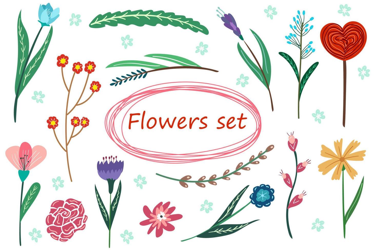 Large set of plants in a modern cartoon style. For the design of postcards, packaging. For your design. Doodle style. vector