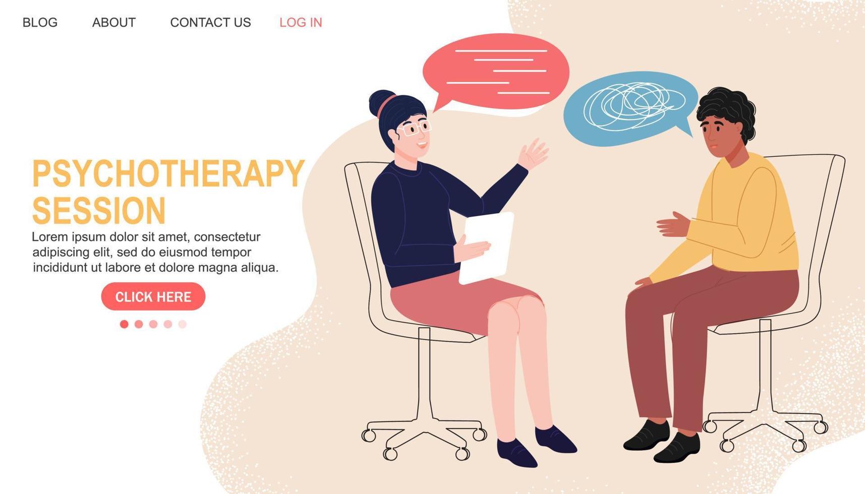 Psychotherapy session. Mental health. Landing page. Psychologist with a patient. Talk. vector