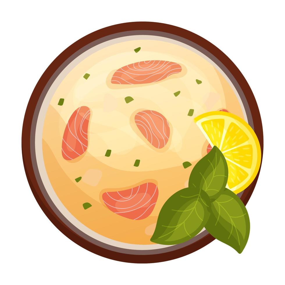 Soup with fish. Ukha. Restaurant dish in cartoon style. View from above. Salmon. Proper nutrition. Seafood. vector