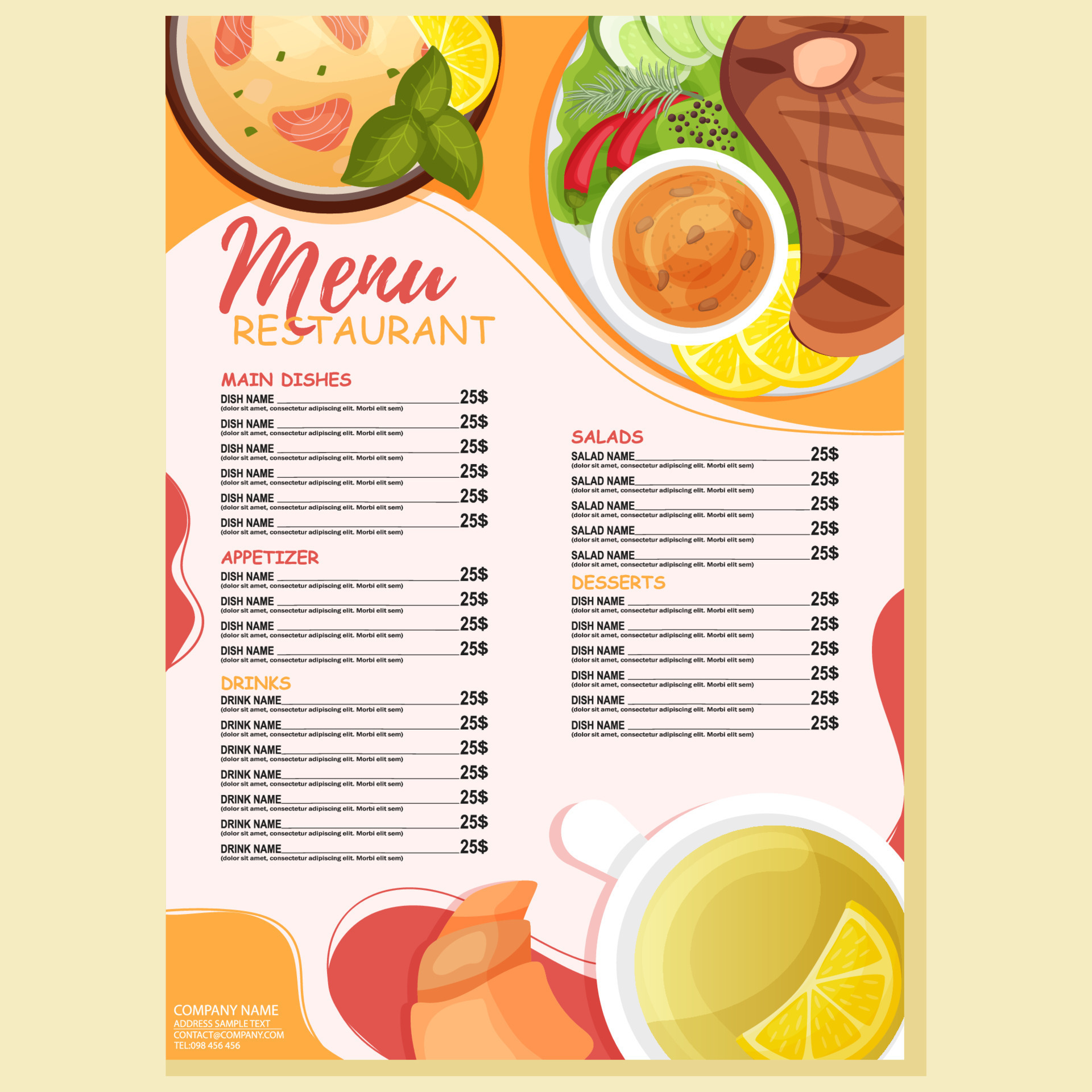 Restaurant menu. Image of cooked meals. Steak and fish soup. Modern