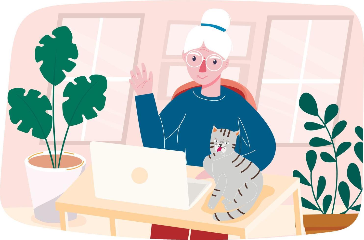 Happy grandmother at the laptop. Video call. Modern technology. Insulation. In a modern flat style. vector