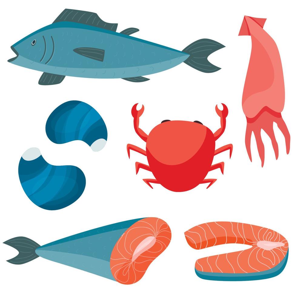 conjunto de mariscos. salmón, pescado rojo, cangrejo, ostra, calamar. ilustración vectorial en un estilo plano moderno. vector