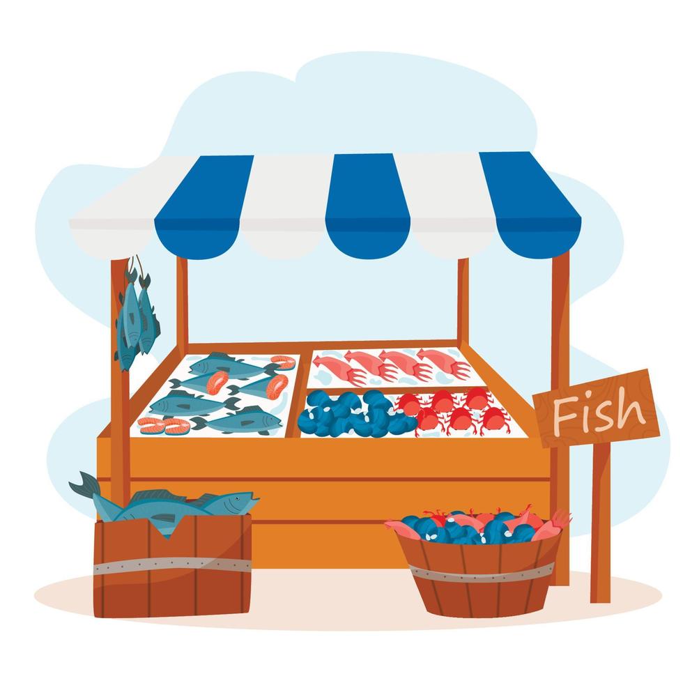 Stall counters. Seafood stall. A fish. Vector illustration in a modern style. Sale on the street.