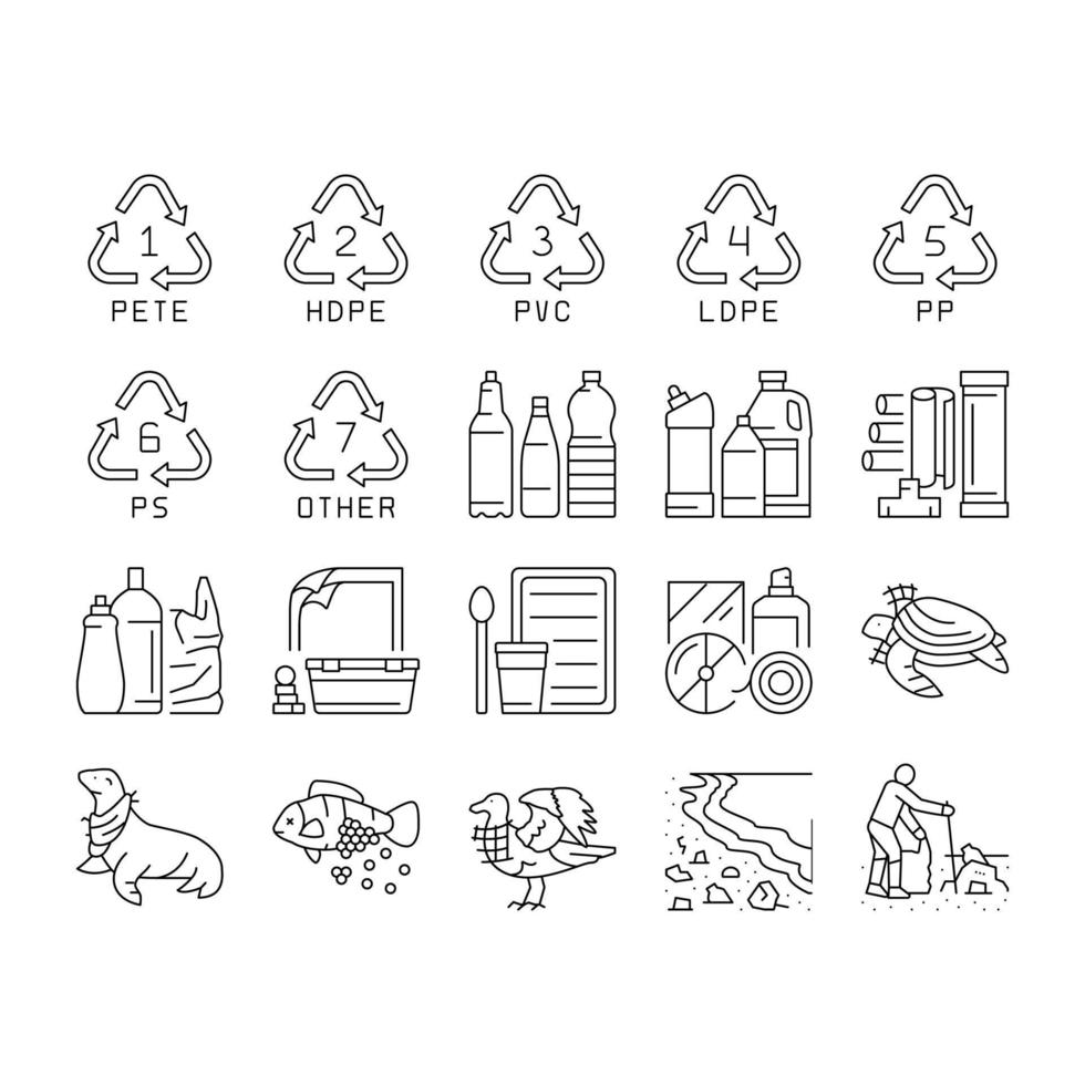 Residuos de plástico naturaleza medio ambiente iconos conjunto vector
