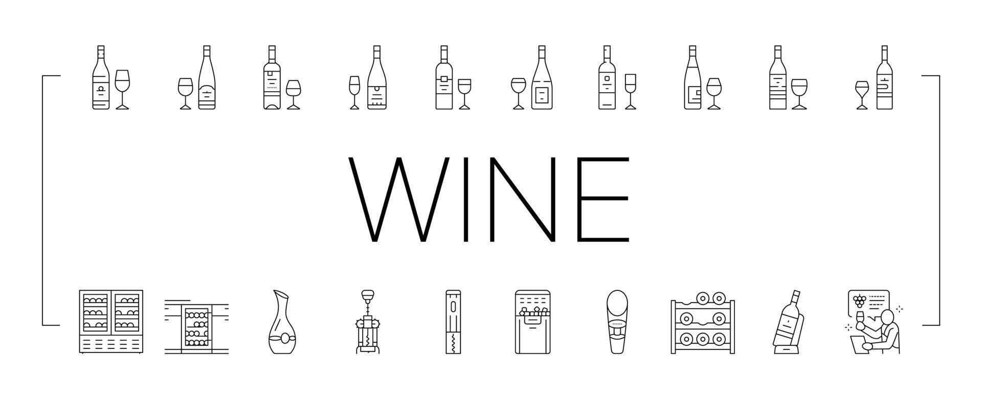 wine glass alcohol red bottle icons set vector